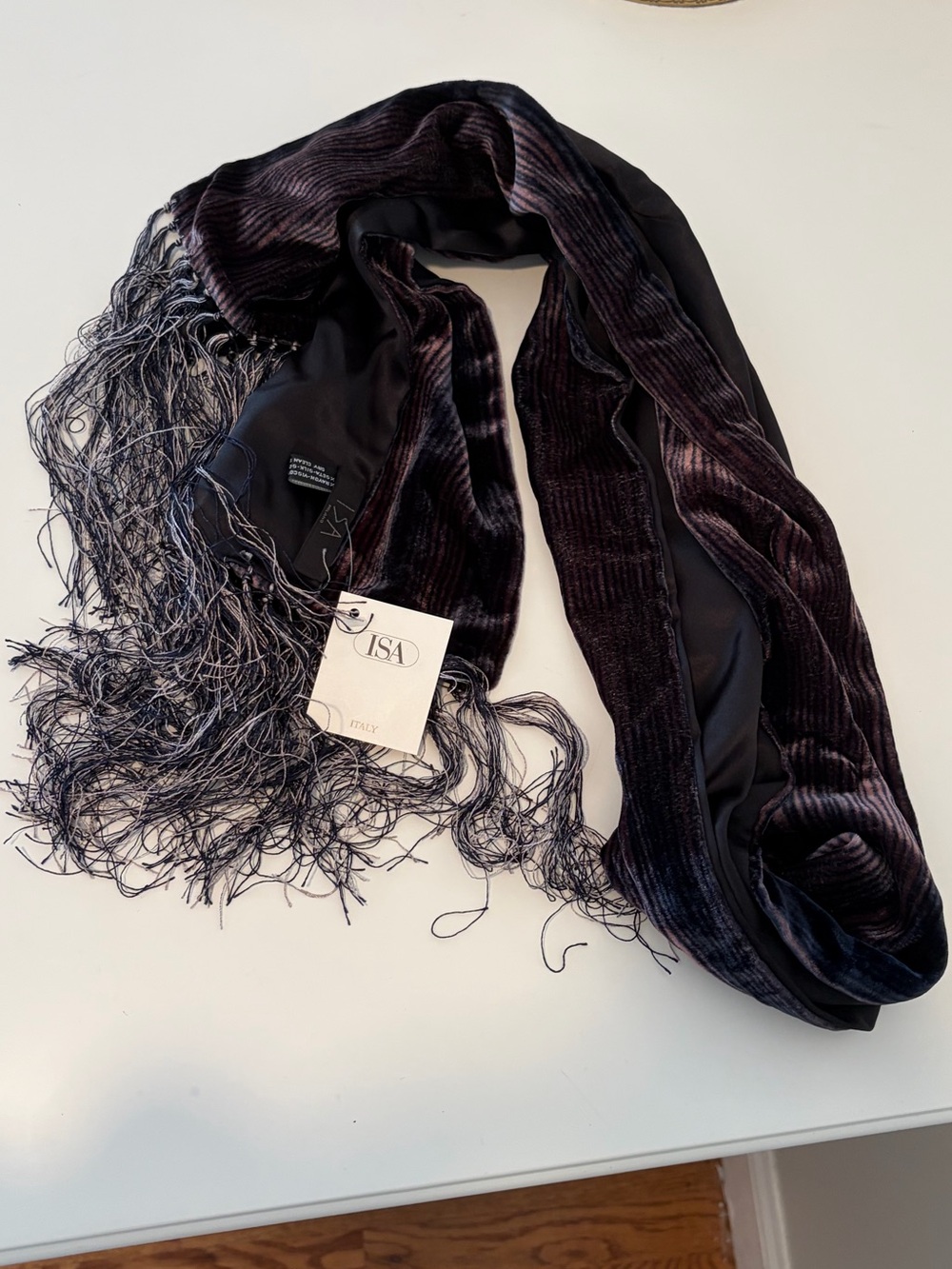 NWT ISA Italy Velvet Fringe Scarf Black and Deep Purple